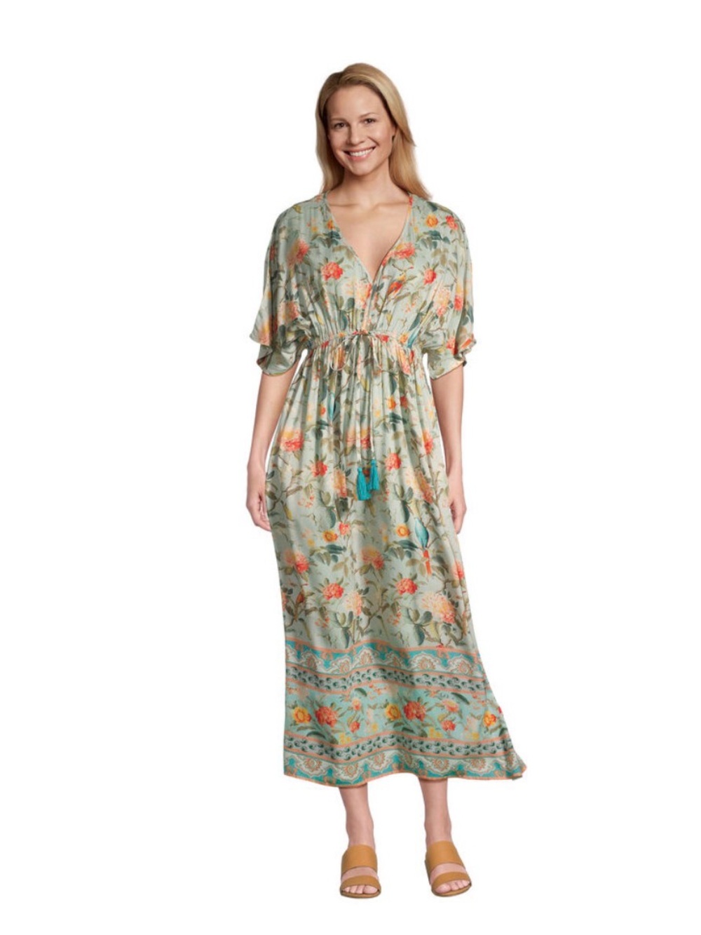 World Market Mira Blue and Peach Alayna Bird Chinoiserie Kaftan Dress Size S/M